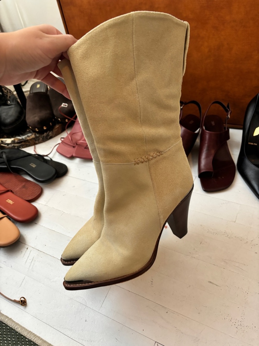 Free People Women's Tan Suede Mid-Calf Heeled Boots - Picture 3 of 5